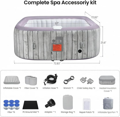 4-6 Person Inflatable Hot Tub, Portable Outdoor Spa With 130 Air Jets, Circulation Heating