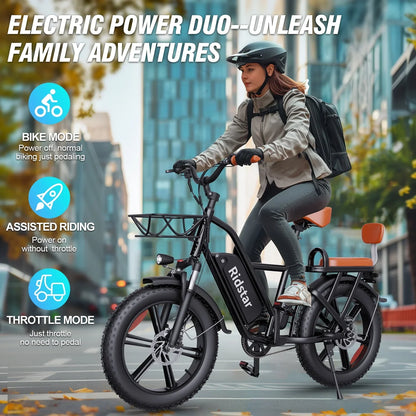 Electric Bike For Adults750W 30-70Miles 48V 15Ah Removable Battery Ebike 20 In. x 4.0 Fat Tire Beach Commuting E-Bike 2 Seater With Fork