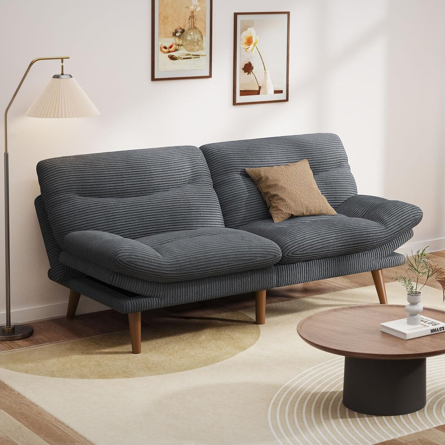 Pipishell Convertible Futon Sofa Bed, 66 In. Corduroy Futon Couch With Adjustable Backrest And Armrests, Recliner Sleeper Sofa For Small Spaces