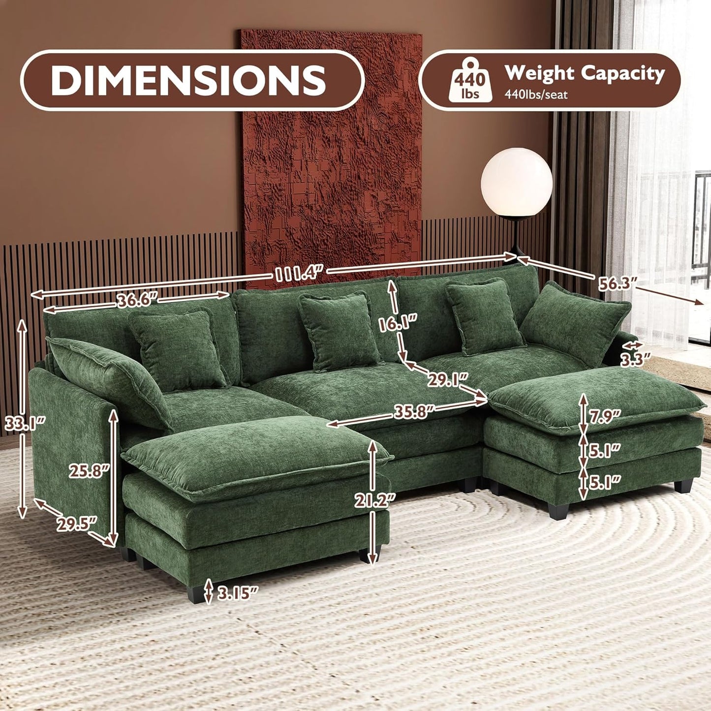 111.4 In. L-Shaped Modern Sofa Modular Cloud Sofa Ottoman 4-Seater Chenille Deep Seat Sofa