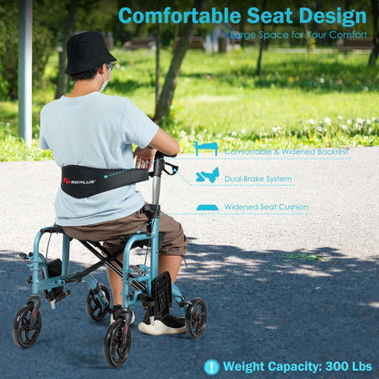 2-in-1 Rollator Walker Wheelchair Folding Medical Walker Aluminum Transport Chair Mobility Walking Aid- Comfortable And Ergonomic Design