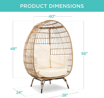 Best Choice Products Wicker Egg Chair Oversized Indoor Outdoor Lounger For Patio Backyard Living Room W/4 Cushions Steel Frame 440lb Capacity- Ivory