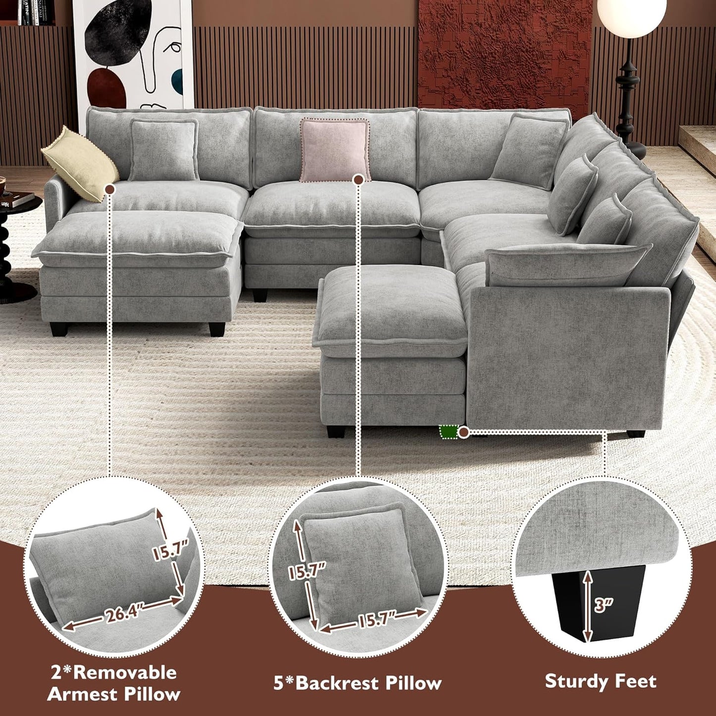 Ihanherry 146 In. U-Shaped Modern Sofa Modular Sectional Cloud Couch With 2 Ottoman