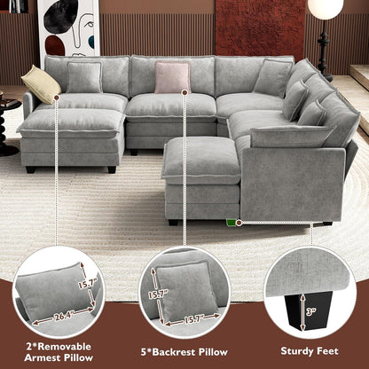 Ihanherry 146 In. U-Shaped Modern Sofa Modular Sectional Cloud Couch With 2 Ottoman
