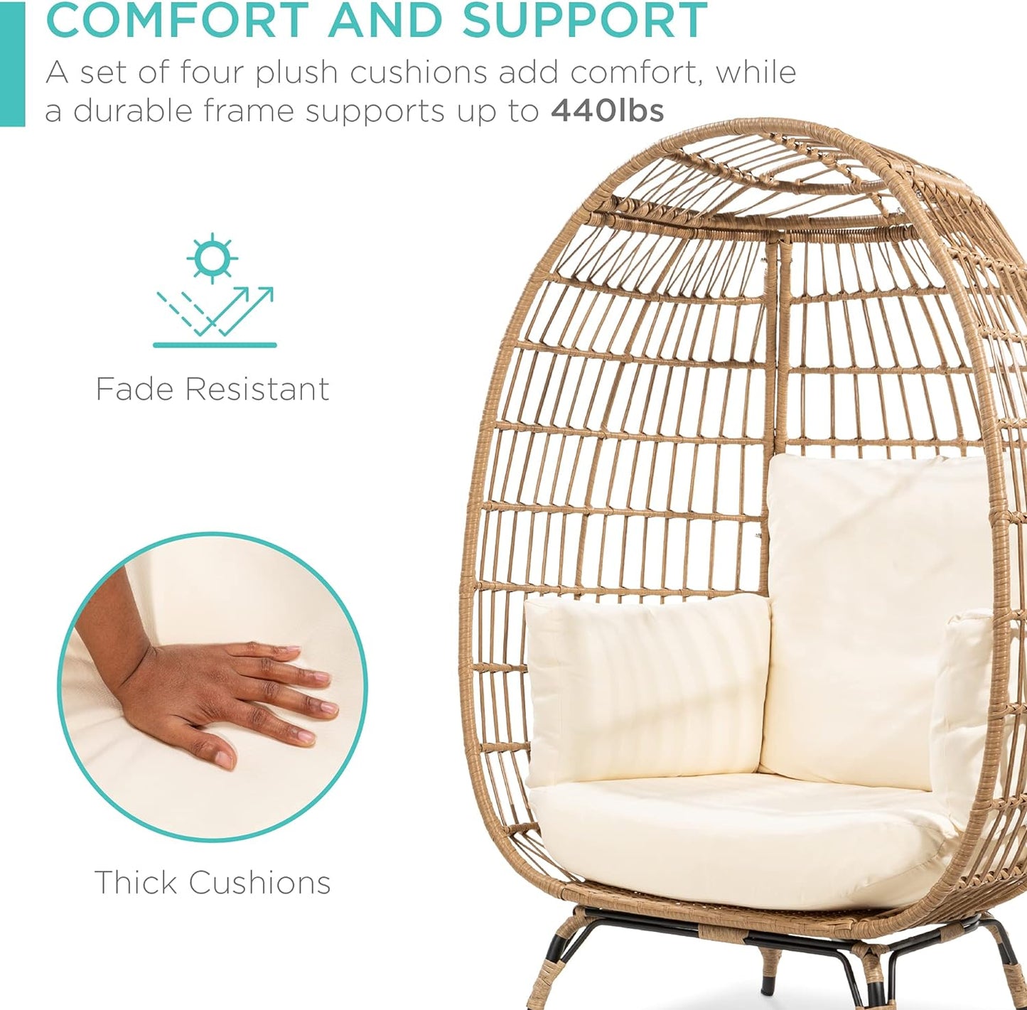 Best Choice Products Wicker Egg Chair Oversized Indoor Outdoor Lounger For Patio Backyard Living Room W/4 Cushions Steel Frame 440lb Capacity- Ivory