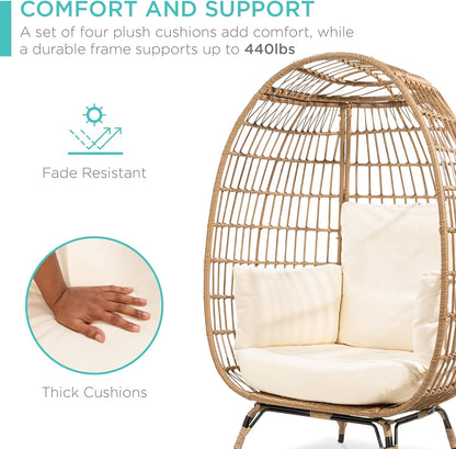 Best Choice Products Wicker Egg Chair Oversized Indoor Outdoor Lounger For Patio Backyard Living Room W/4 Cushions Steel Frame 440lb Capacity- Ivory