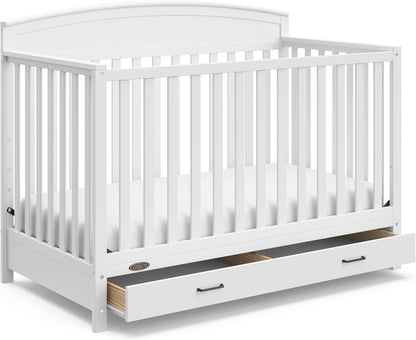 5-in-1 Convertible Baby Bed, With Drawers, White- Green Guardian Gold Certification, Built-In Baby Bed Storage Drawer, Convertible To Toddler Bed