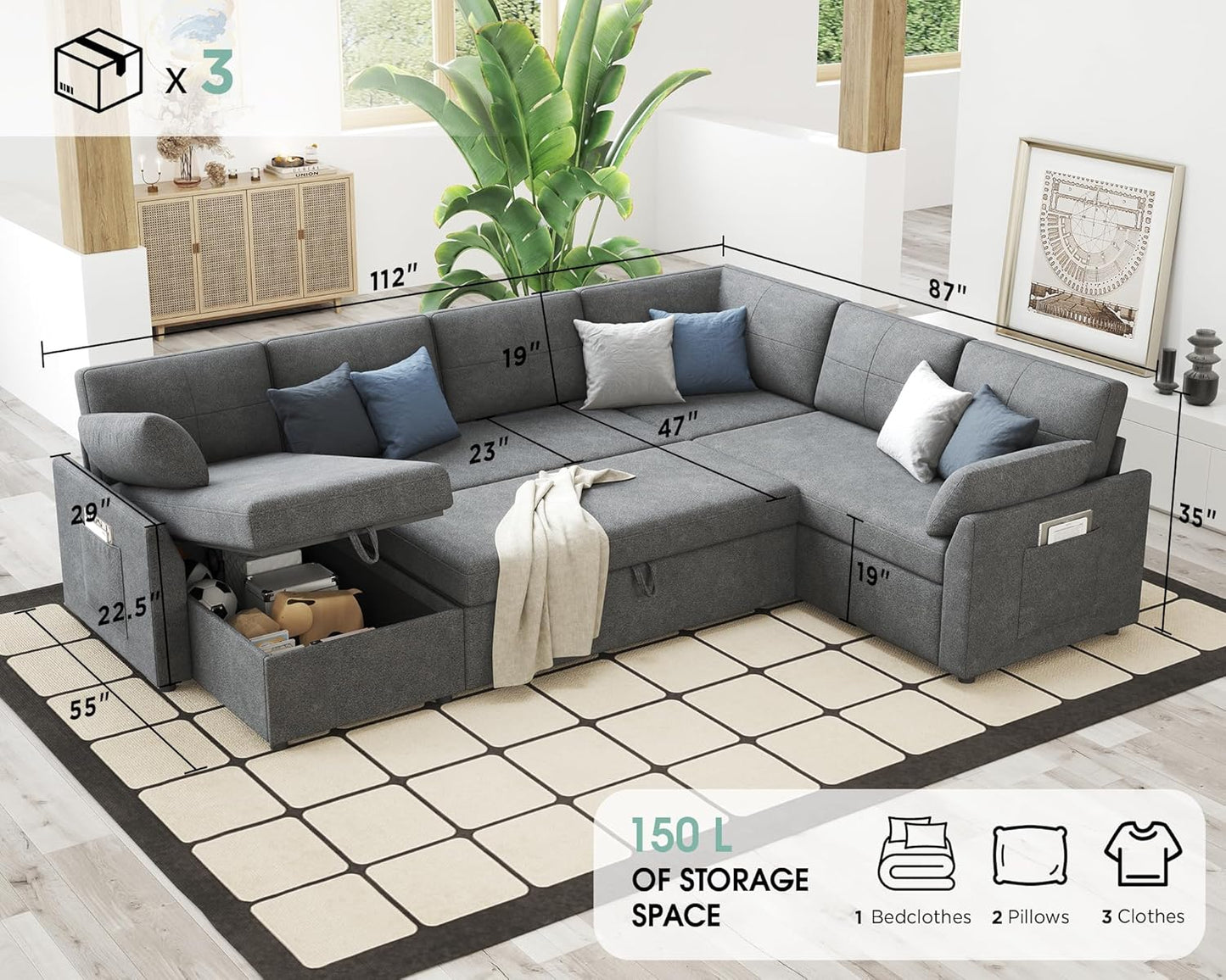 VanAcc Sofa Bed, Sleeper Sofa With Storage Chaise 2-in-1 Pull Out Couch Living Room