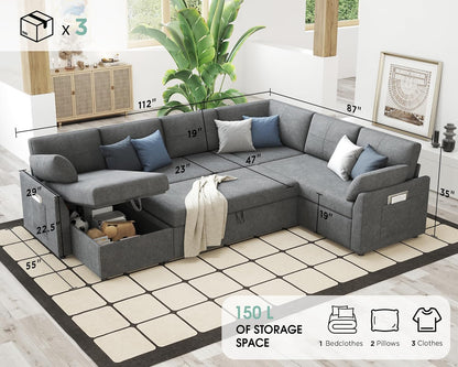 VanAcc Sofa Bed, Sleeper Sofa With Storage Chaise 2-in-1 Pull Out Couch Living Room