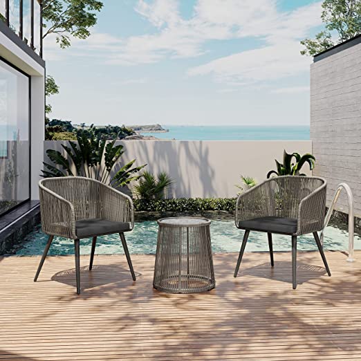 Patio Furniture Set 3-Piece Outside Bistro Set Handwoven Rattan Wicker Chairs With Waterproof Cushions Tempered Glass Table Outdoor Conversation