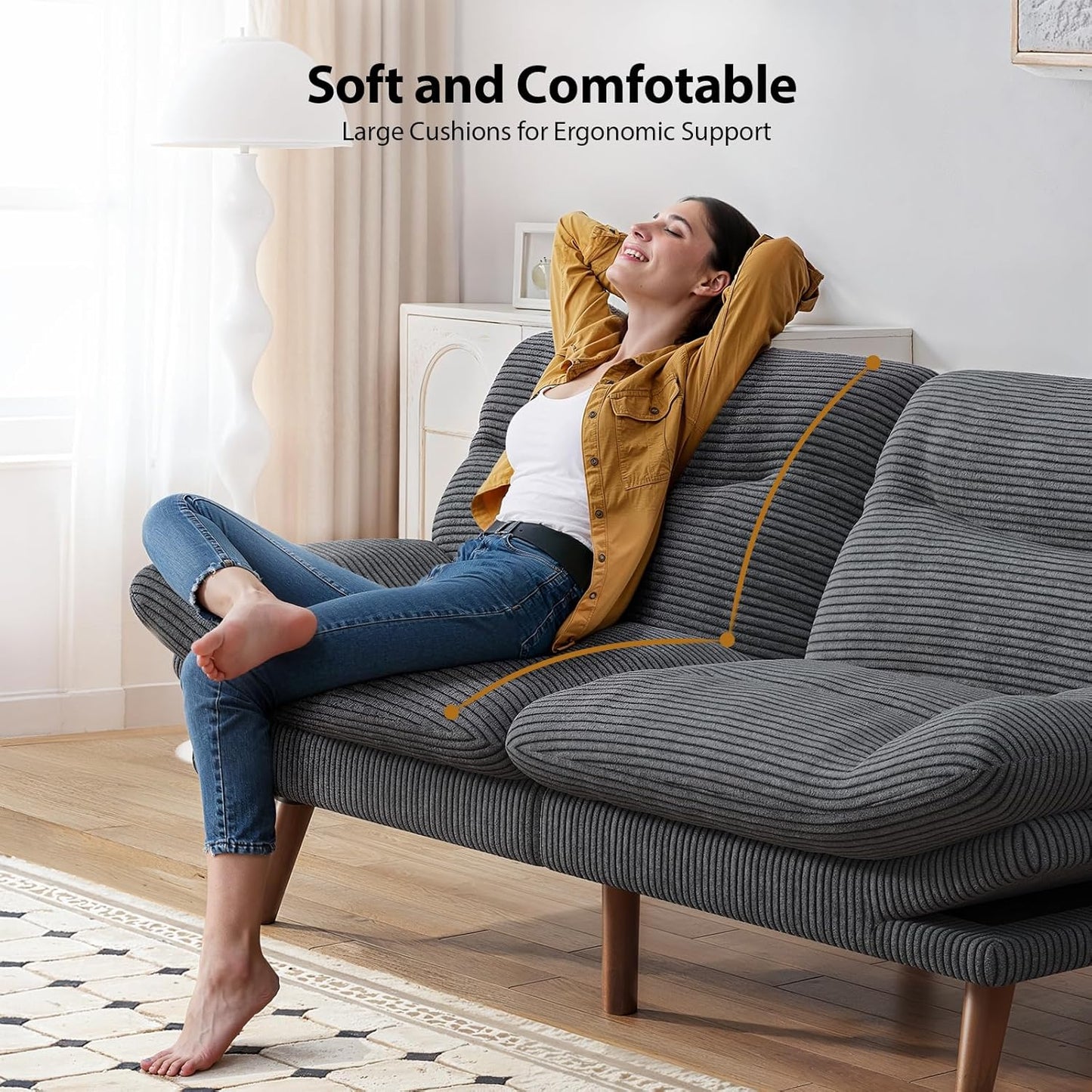 Pipishell Convertible Futon Sofa Bed, 66 In. Corduroy Futon Couch With Adjustable Backrest And Armrests, Recliner Sleeper Sofa For Small Spaces