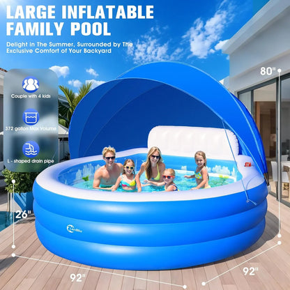 Upgraded Inflatable Pool With Canopy, Inflatable Family Lounge Pool, Round Blow Up Pool For Adult With Bench And Backrest