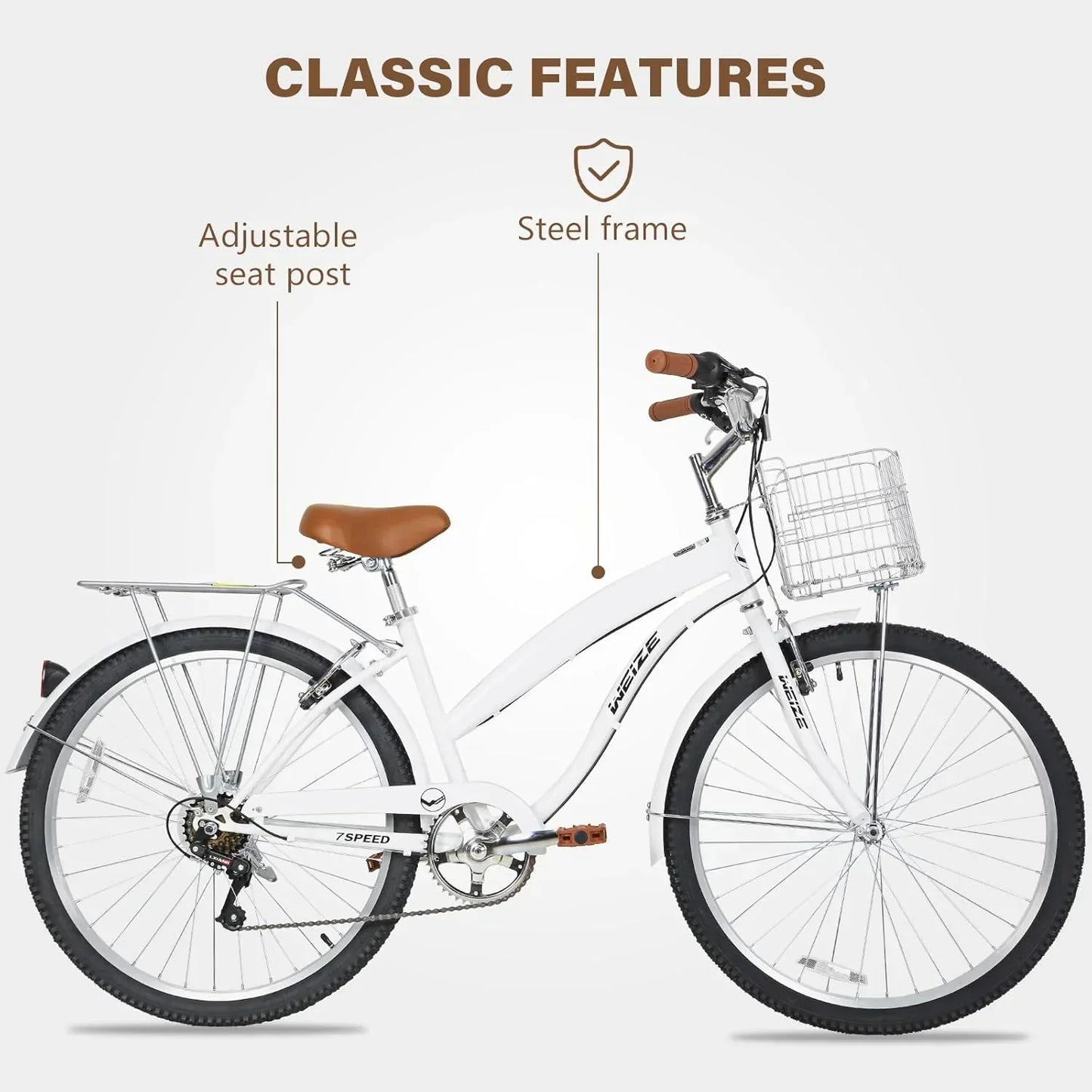 Weize Beach Cruiser Bike 26 In. Commuter Bicycle For Adult Men And Women 7-Speed/High-Carbon