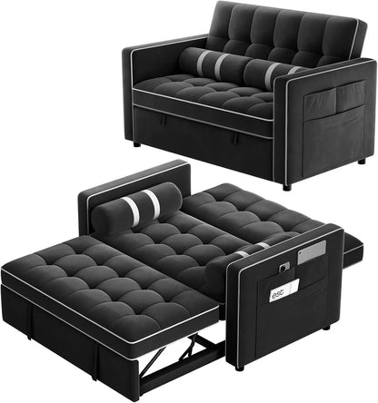 Pipishell 3-in-1 Convertible Sleeper Sofa Bed, Pull Out Couch For Living Room With USB Ports And Side Pockets, Adjustable Backrest, Velvet