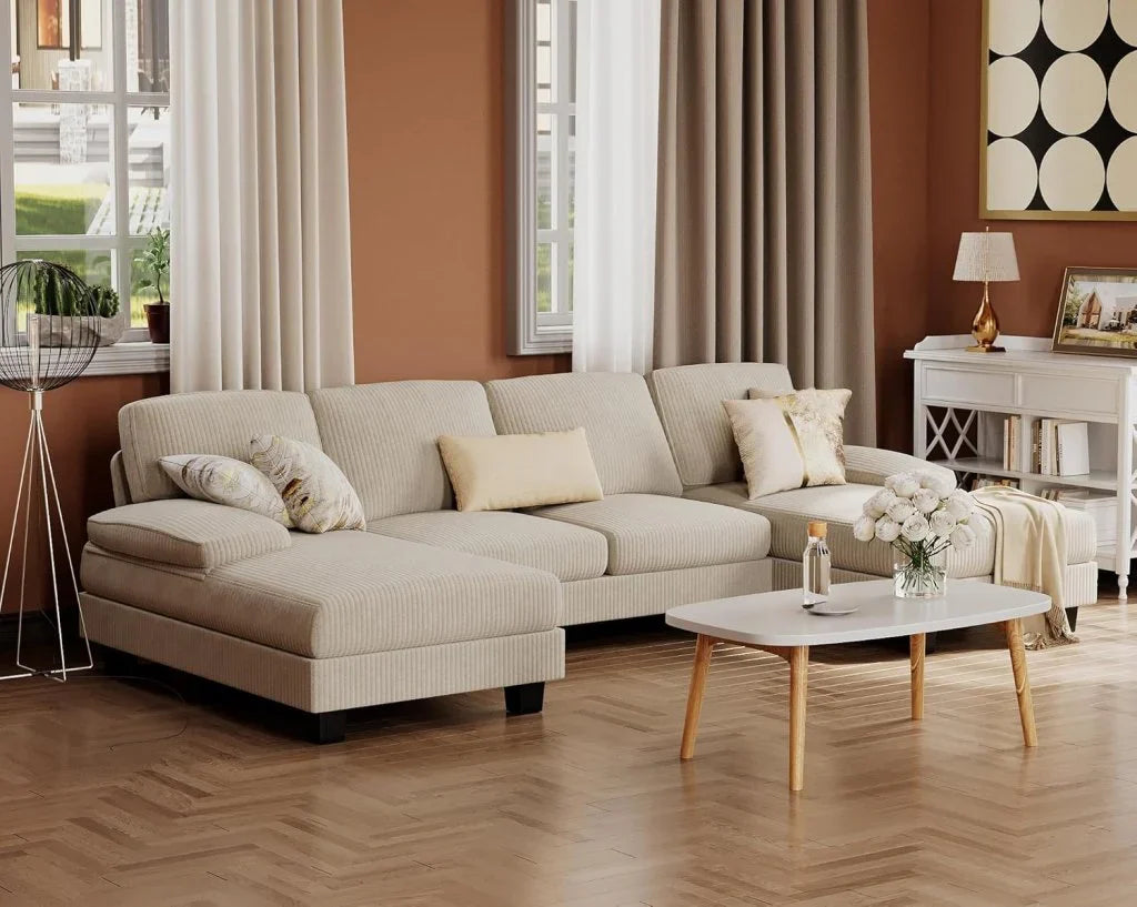 Furmax Sectional Couches For Living Room, U-Shaped Sofa Couch With Linen Fabric, 4 Seat Sofa Set With Double Chaise For Apartment, Fabric, Grey