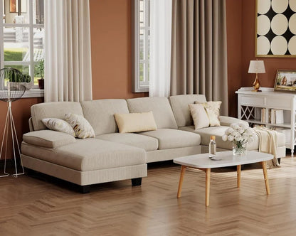 Furmax Sectional Couches For Living Room, U-Shaped Sofa Couch With Linen Fabric, 4 Seat Sofa Set With Double Chaise For Apartment, Fabric, Grey