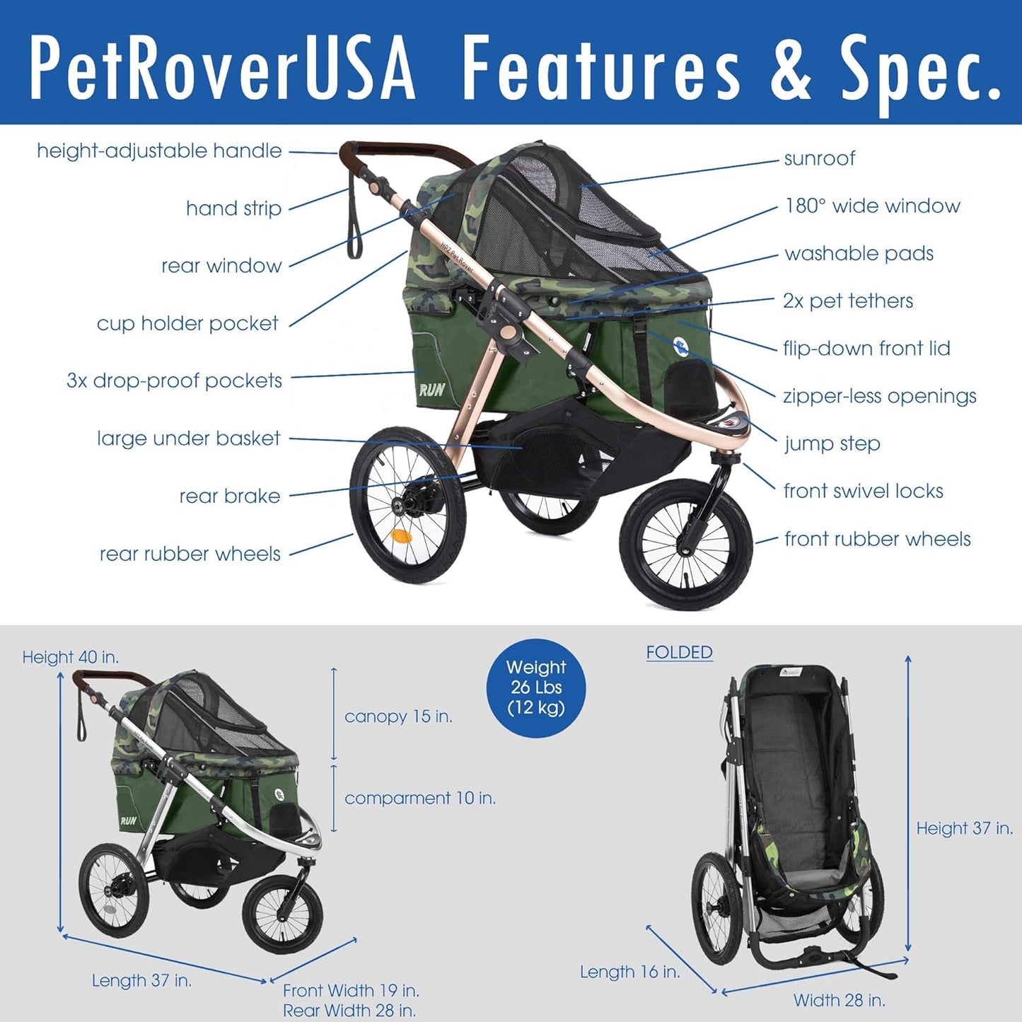 Jogging Sports Stroller With Comfort Rubber Wheels/Zipper-Less Entry/1-Hand Quick Fold/Aluminum Frame For Small/Medium Dogs Cats And Pets, Green Camo