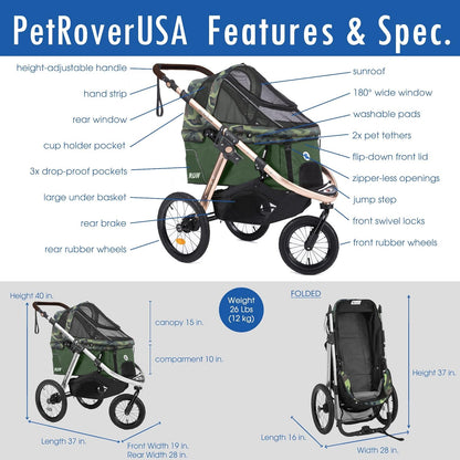 Jogging Sports Stroller With Comfort Rubber Wheels/Zipper-Less Entry/1-Hand Quick Fold/Aluminum Frame For Small/Medium Dogs Cats And Pets, Green Camo