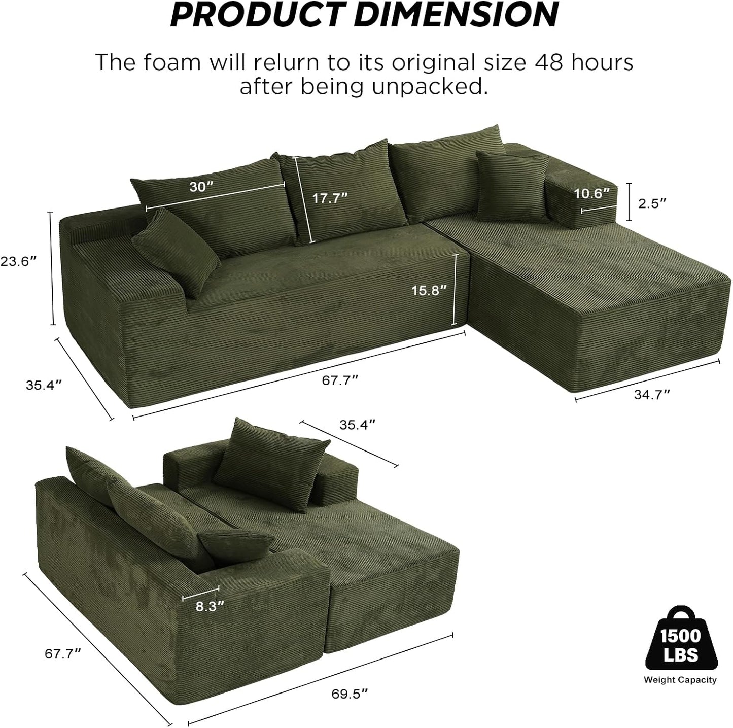 Cloud Sectional Couch With L-Shape Chaise, Modern Modular Sofa With Deep Seat, Upholstered Couches For Living Room Bedroom, No Assembly Required