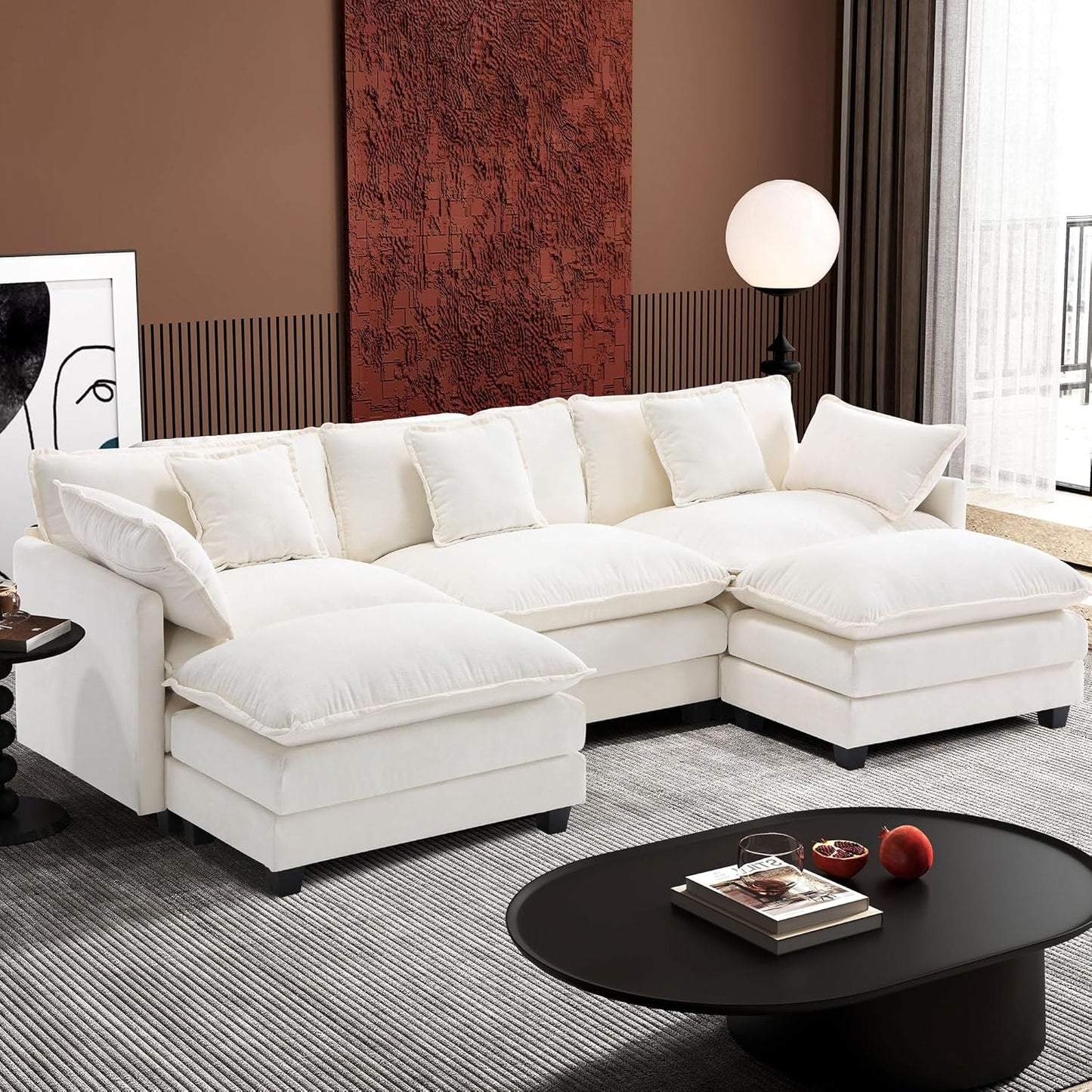 111.4 In. L-Shaped Modern Sofa Modular Cloud Sofa Ottoman 4-Seater Chenille Deep Seat Sofa