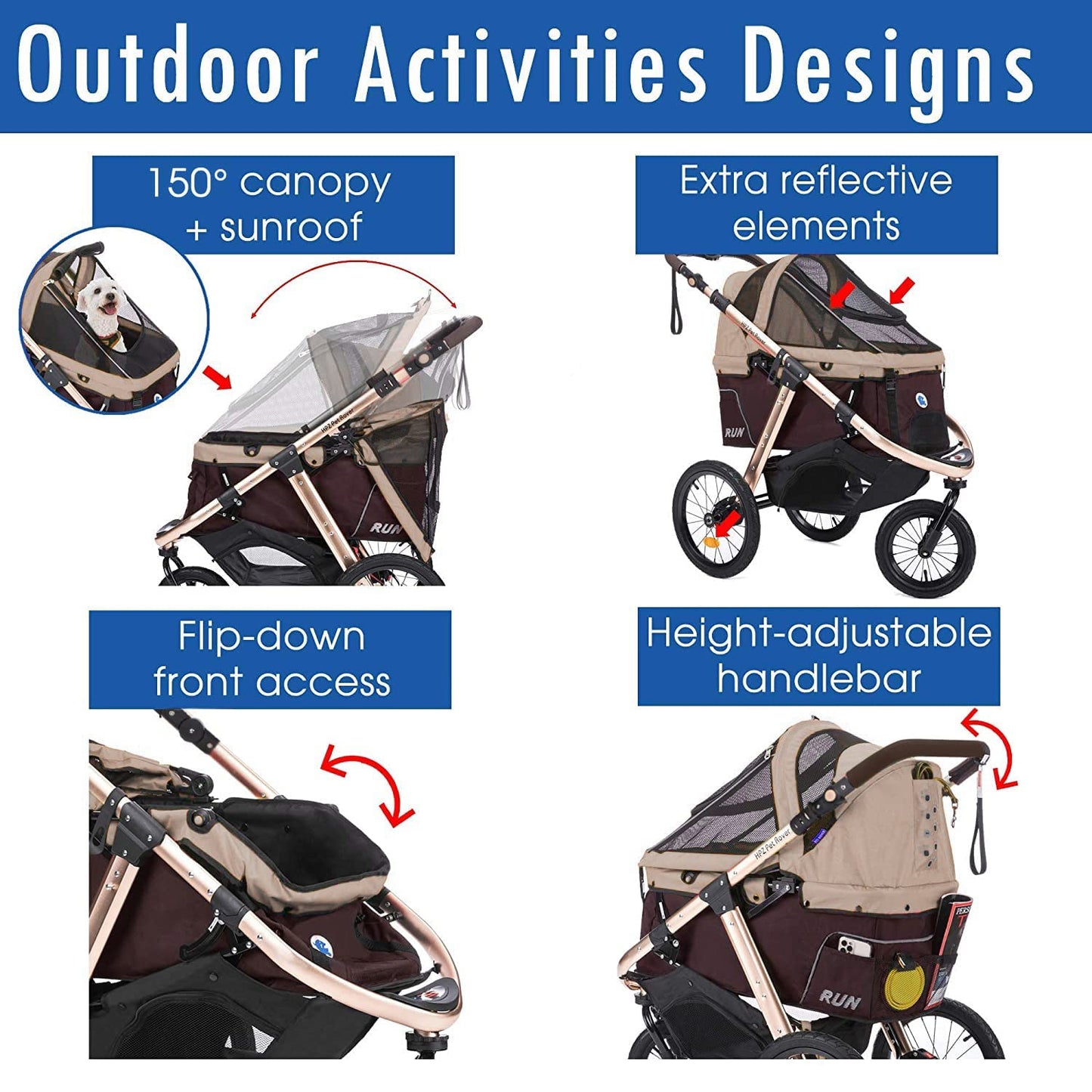 Jogging Sports Stroller With Comfort Rubber Wheels/Zipper-Less Entry/1-Hand Quick Fold/Aluminum Frame For Small/Medium Dogs Cats And Pets, Green Camo