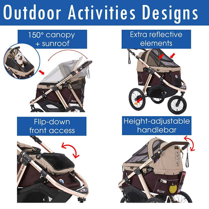 Jogging Sports Stroller With Comfort Rubber Wheels/Zipper-Less Entry/1-Hand Quick Fold/Aluminum Frame For Small/Medium Dogs Cats And Pets, Green Camo