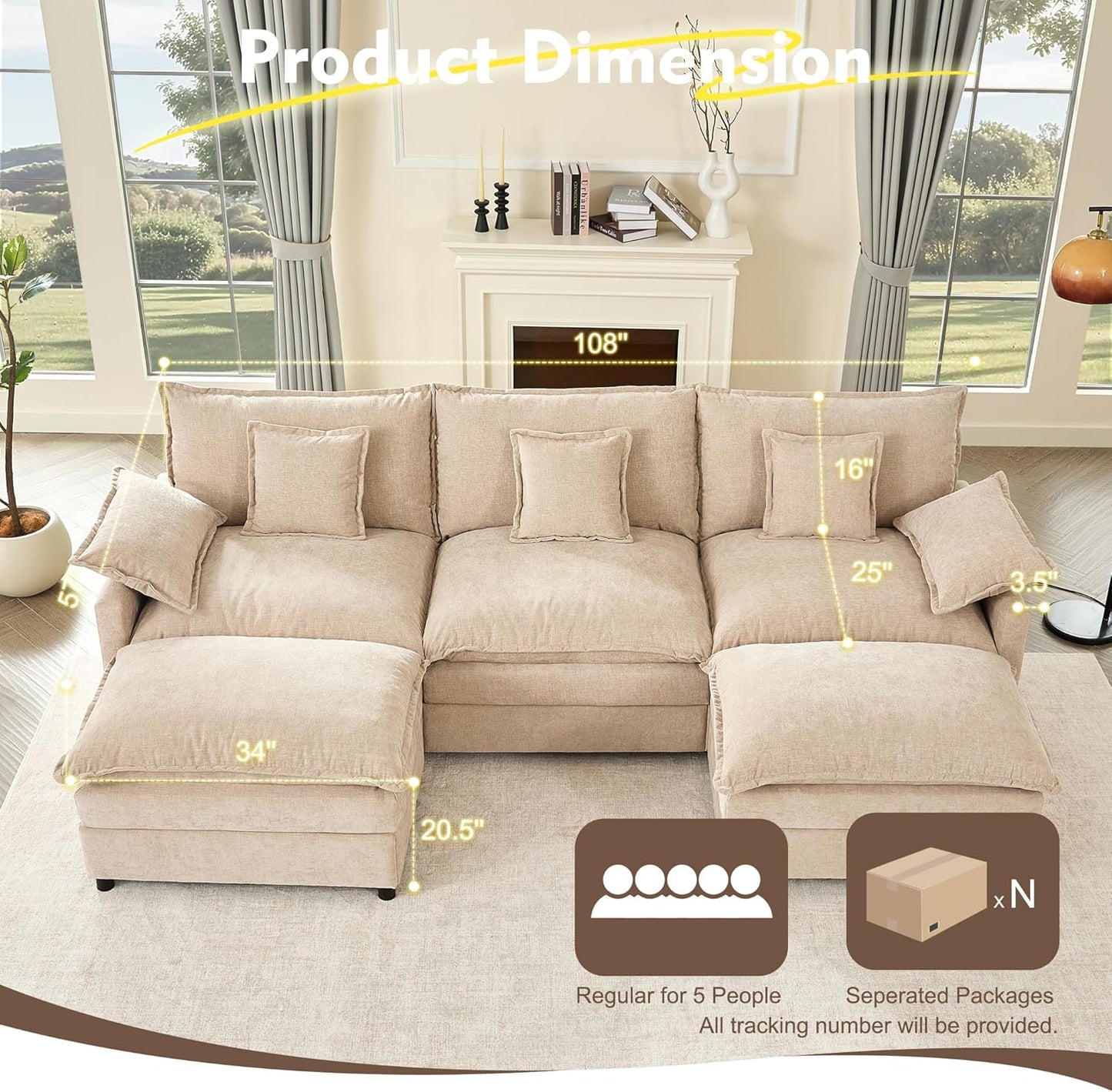 108 In. U Shape Sofa Sectional Sofa Comfortable Cloud Sofa With Removable Footstool