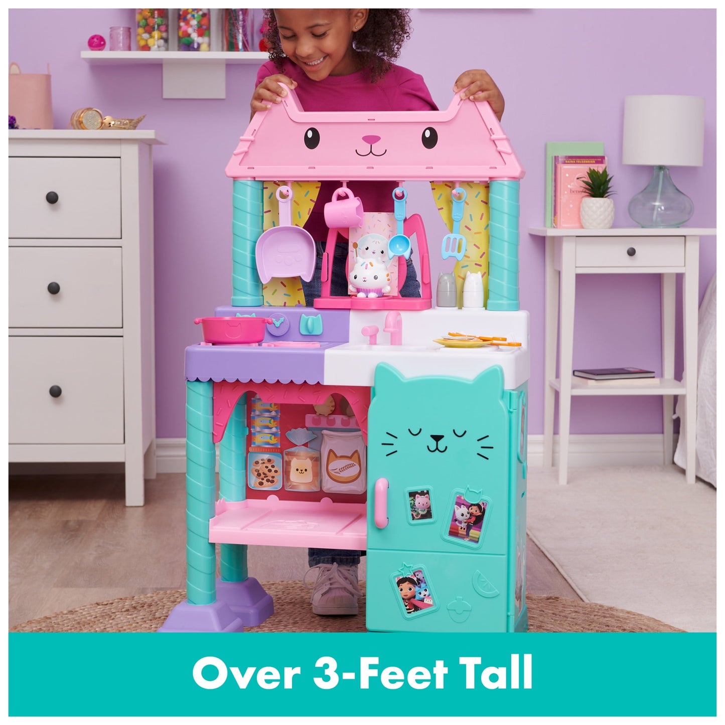 Gabby's Dollhouse Cakey Cat Kitchen Set For Kids, 3 Ft. Tall Play Kitchen With Sounds And Accessories