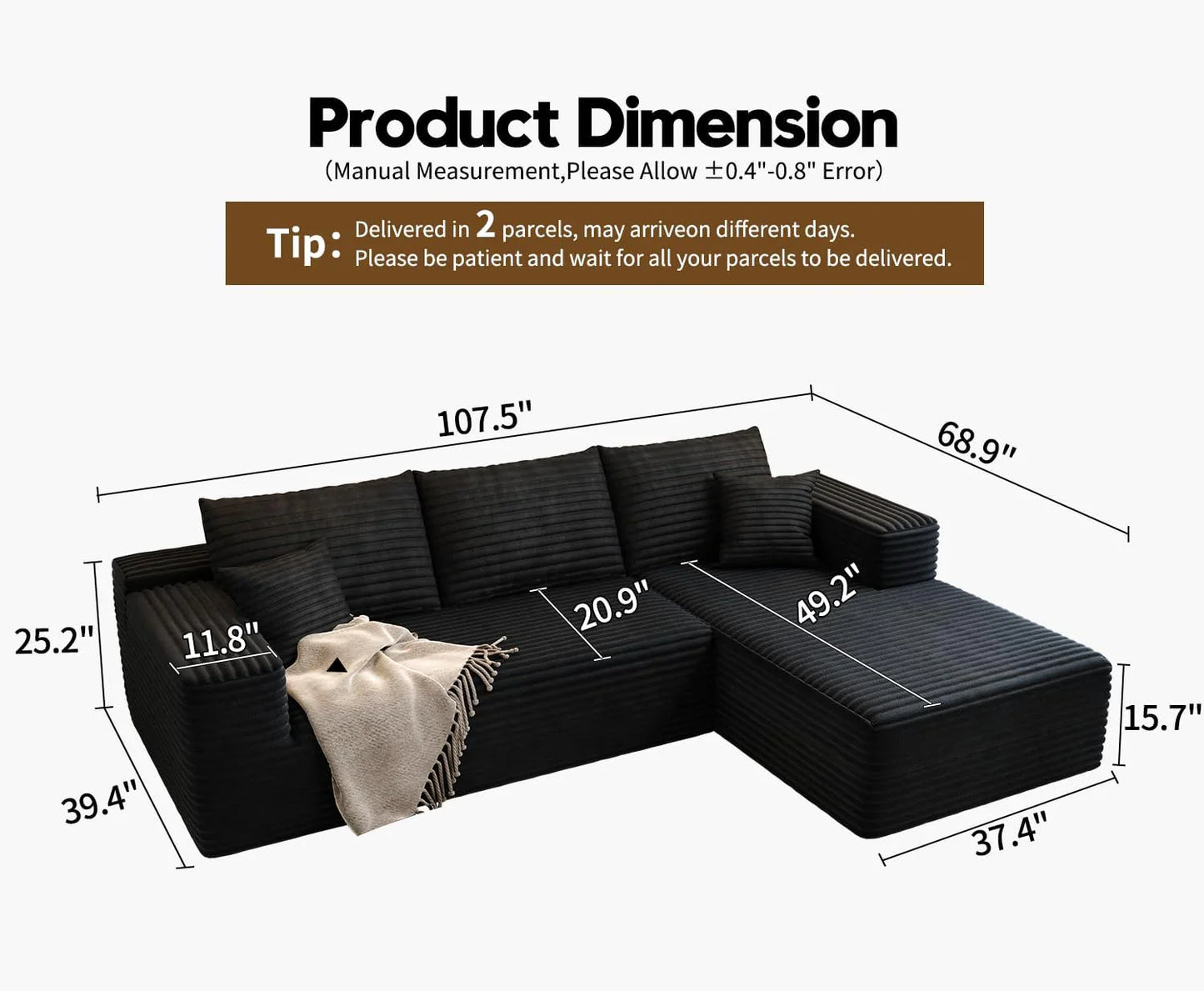 107.5 In. Cloud Modular Sectional Sofa Couch With L-Shape Chaise, Modern Minimalist Upholstered Couches For Living Room Bedroom