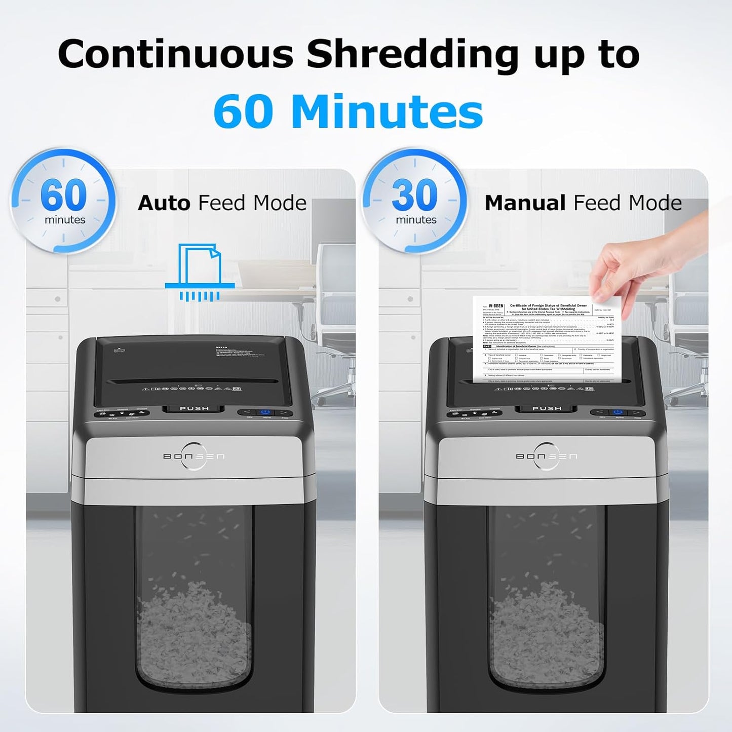 Bonsen 300-Sheet Auto Feed Paper Shredder, 60 Min, P-4, 8.1 Gal, Quiet