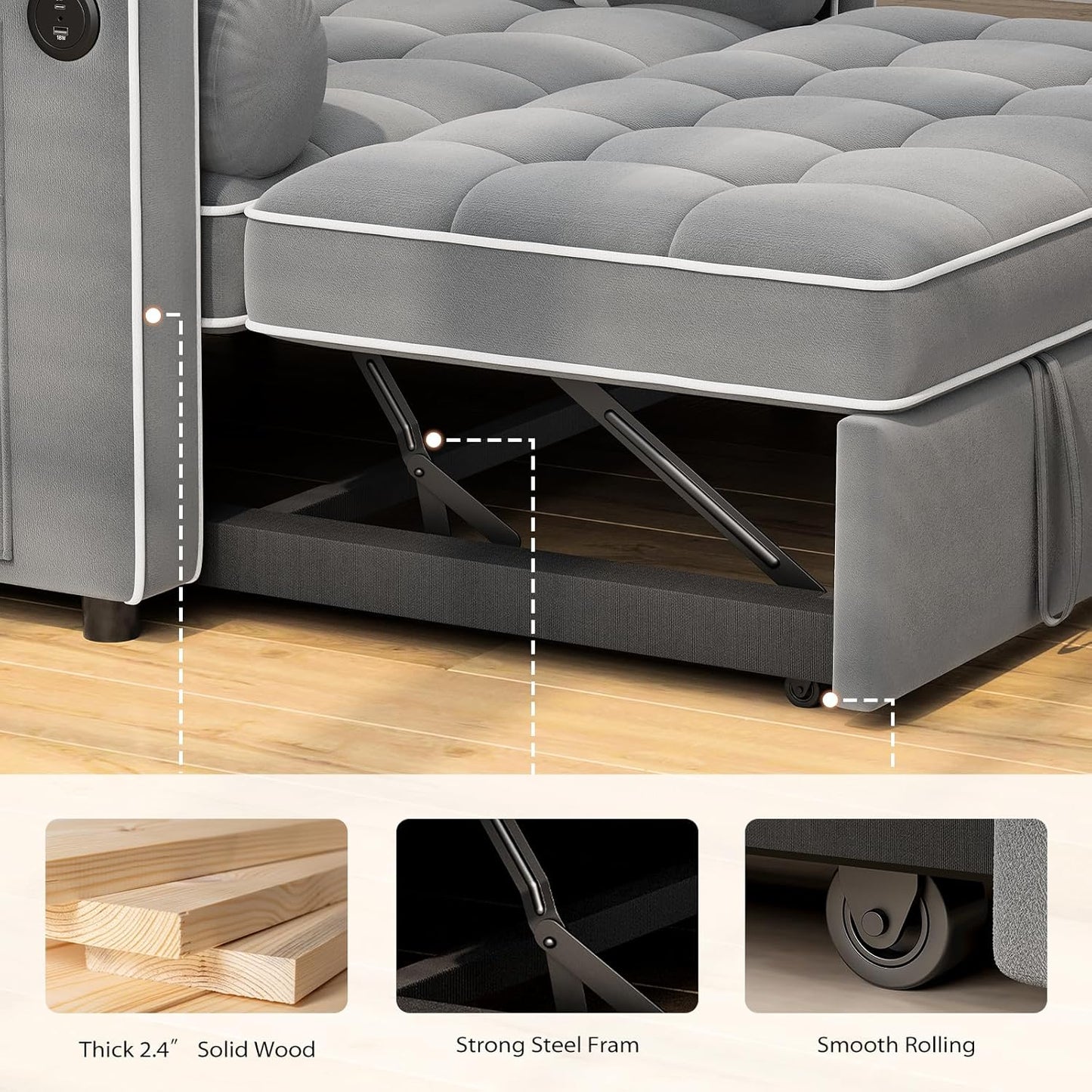 Pipishell 3-in-1 Convertible Sleeper Sofa Bed, Pull Out Couch For Living Room With USB Ports And Side Pockets, Adjustable Backrest, Velvet