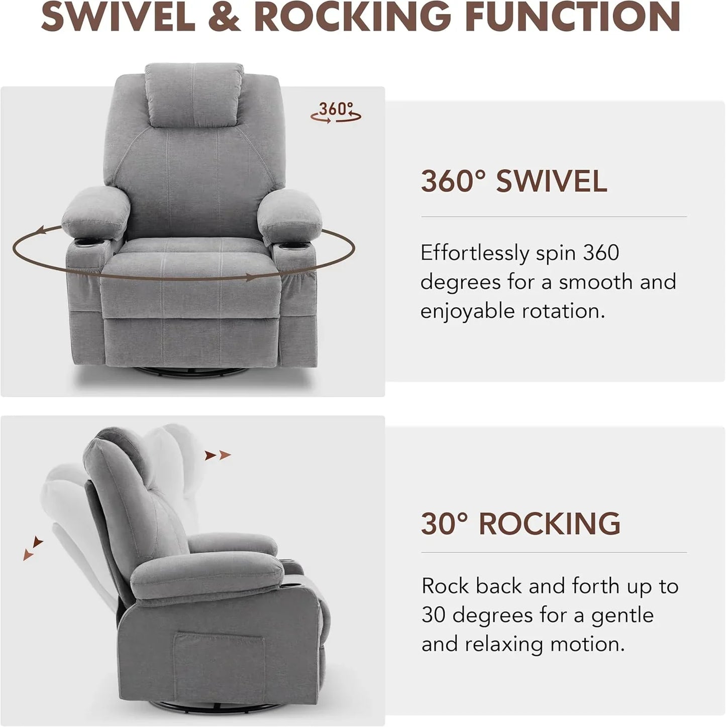 Oversized Swivel Rocker Recliner Chair With Heat And Massage, 360 Degree Swivel Rocking Single Sofa With Cup Holders And USB Port