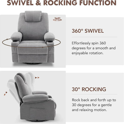 Oversized Swivel Rocker Recliner Chair With Heat And Massage, 360 Degree Swivel Rocking Single Sofa With Cup Holders And USB Port