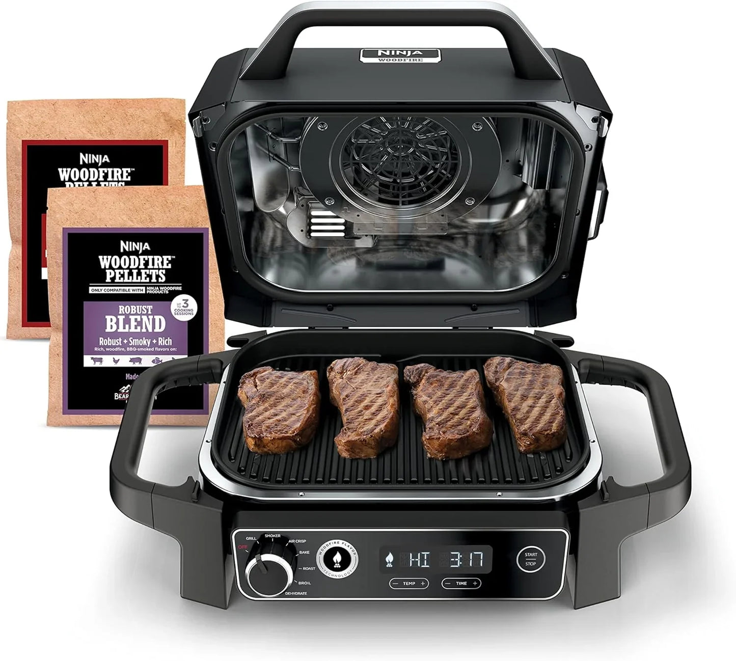 7-in-1 Grill And Smoker With Thermometer, Air Fryer, Bbq, Bake, Roast, Broil- Portable Electric Outdoor Grill, Grey