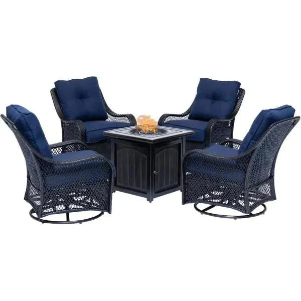 5-Piece Steel Patio Fire Pit Conversation Set With Navy Blue Cushions, Swivel Gliders And Square Fire Pit Table