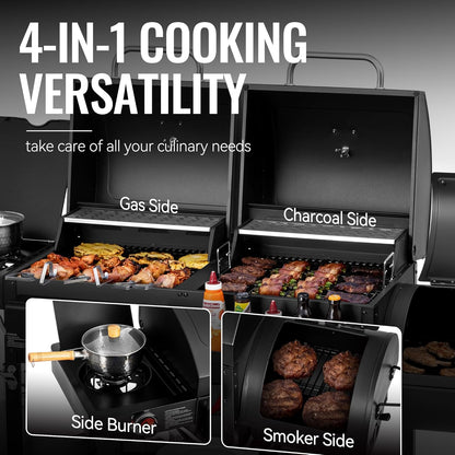 2-Burner Gas And Charcoal Combo Grill With Smoker And Side Burner, 34,000 BTU, 1020 Sq. In., Black