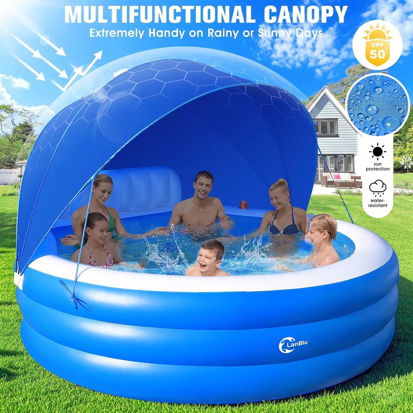 Upgraded Inflatable Pool With Canopy, Inflatable Family Lounge Pool, Round Blow Up Pool For Adult With Bench And Backrest