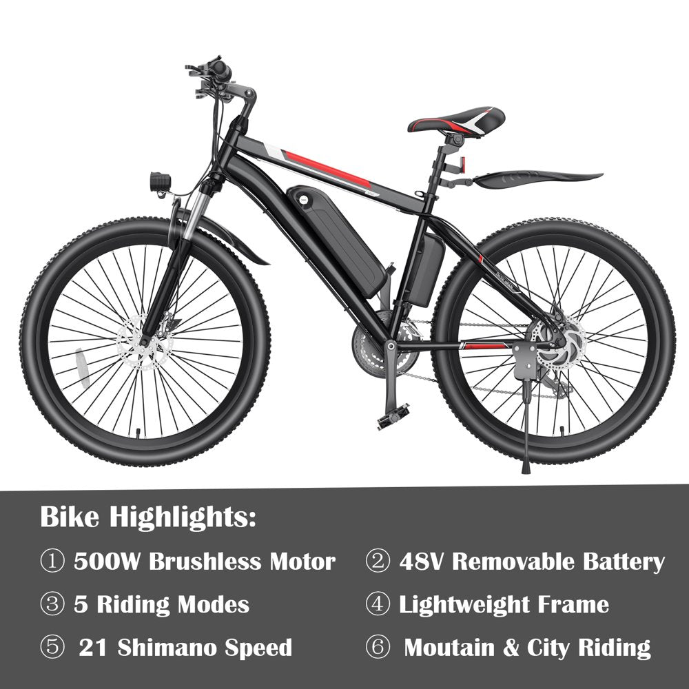 500W Electric Bike 26 In. Electric Bicycle For Adults With Cruise Control System Ebike