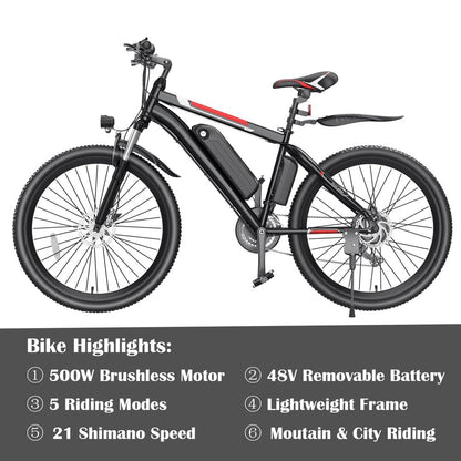 500W Electric Bike 26 In. Electric Bicycle For Adults With Cruise Control System Ebike
