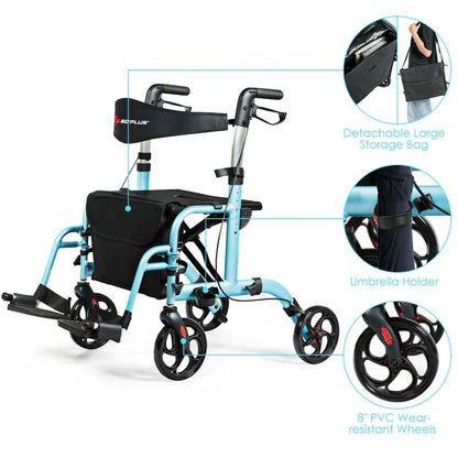 2-in-1 Rollator Walker Wheelchair Folding Medical Walker Aluminum Transport Chair Mobility Walking Aid- Comfortable And Ergonomic Design