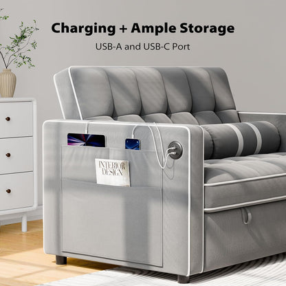 Pipishell 3-in-1 Convertible Sleeper Sofa Bed, Pull Out Couch For Living Room With USB Ports And Side Pockets, Adjustable Backrest, Velvet