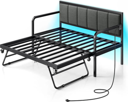 Rolanstar Daybed With Charging Station And LED Lights, Height Adjustable Twin Daybed With Trundle, Metal Sofa Bed Frame With Steel Slat Support