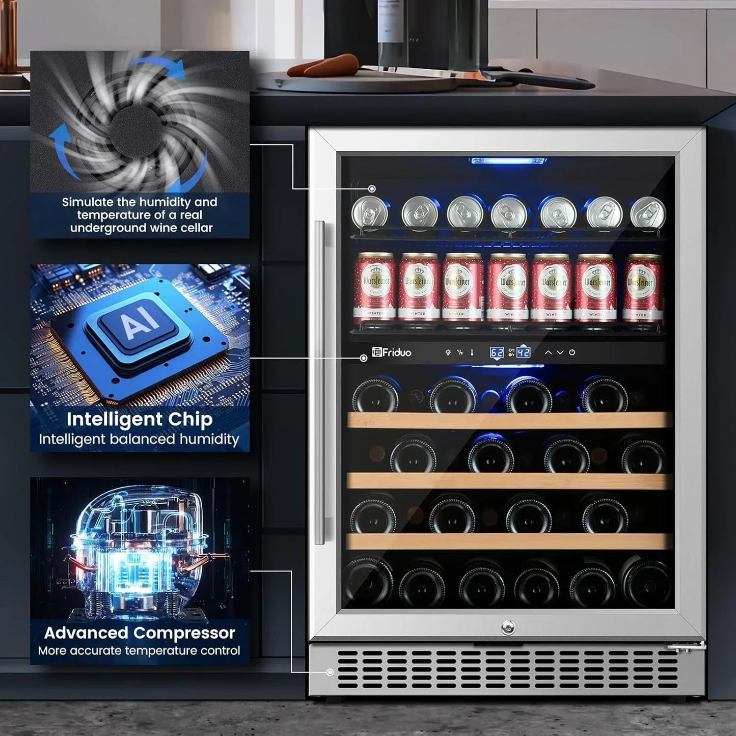 24 In. Dual Zone Beverage Refrigerator 30 Bottles 82 Cans Wine Fridge Built-In Or Freestanding