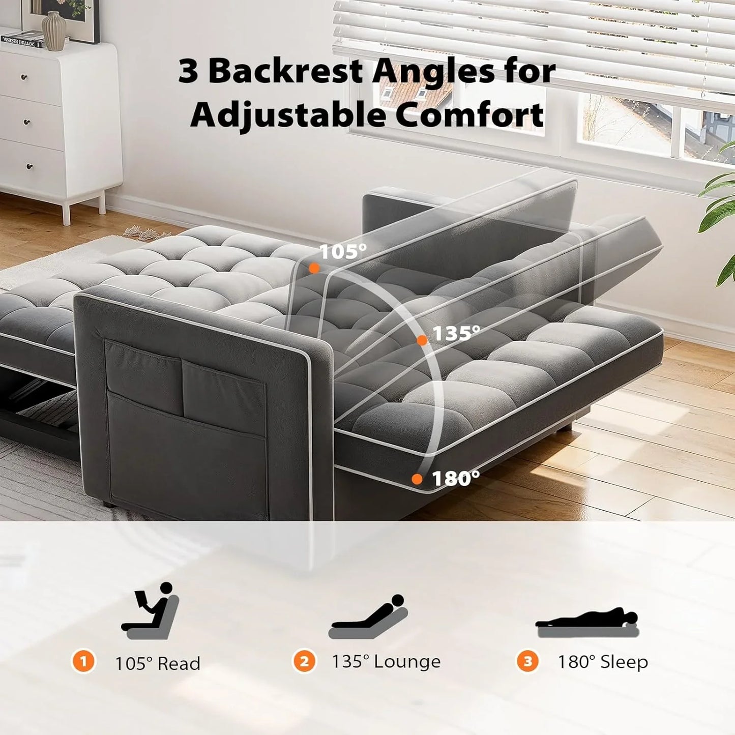 Pipishell 3-in-1 Convertible Sleeper Sofa Bed, Pull Out Couch For Living Room With USB Ports And Side Pockets, Adjustable Backrest, Velvet
