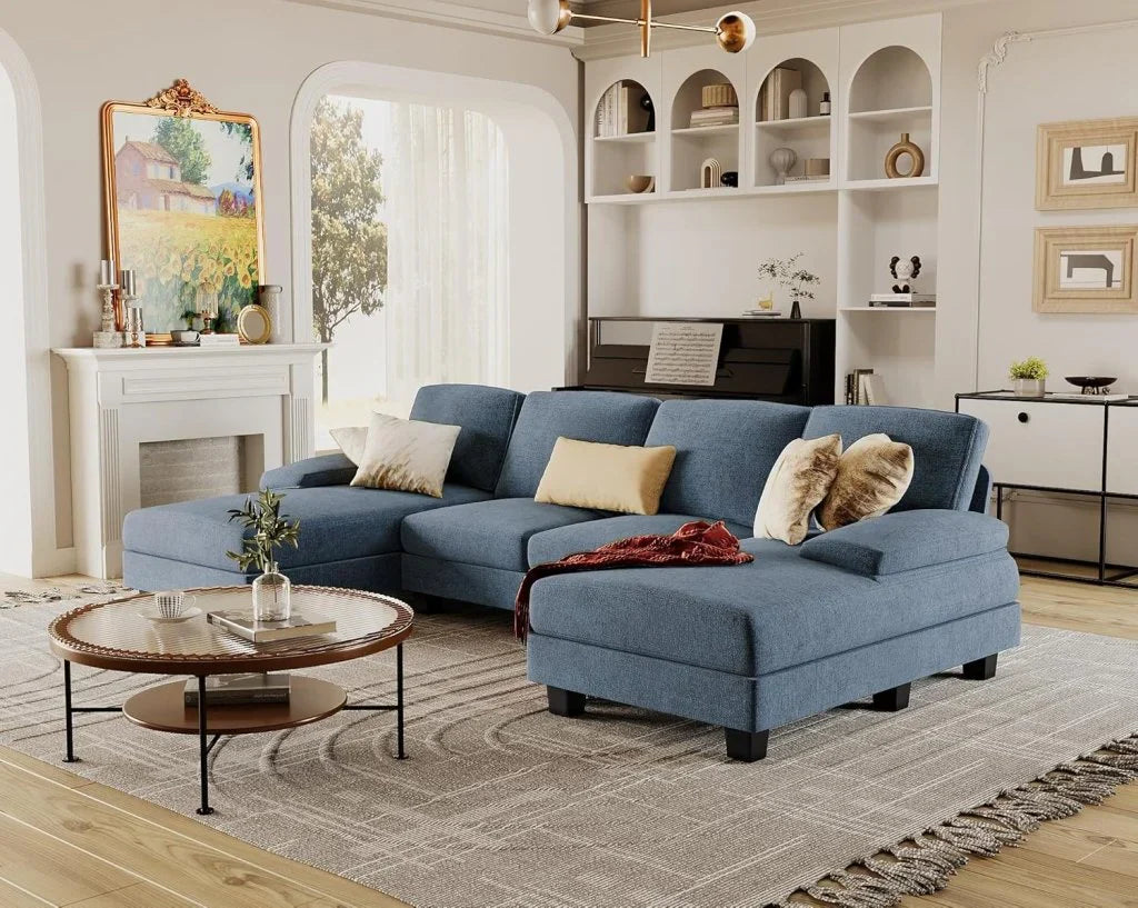Furmax Sectional Couches For Living Room, U-Shaped Sofa Couch With Linen Fabric, 4 Seat Sofa Set With Double Chaise For Apartment, Fabric, Grey