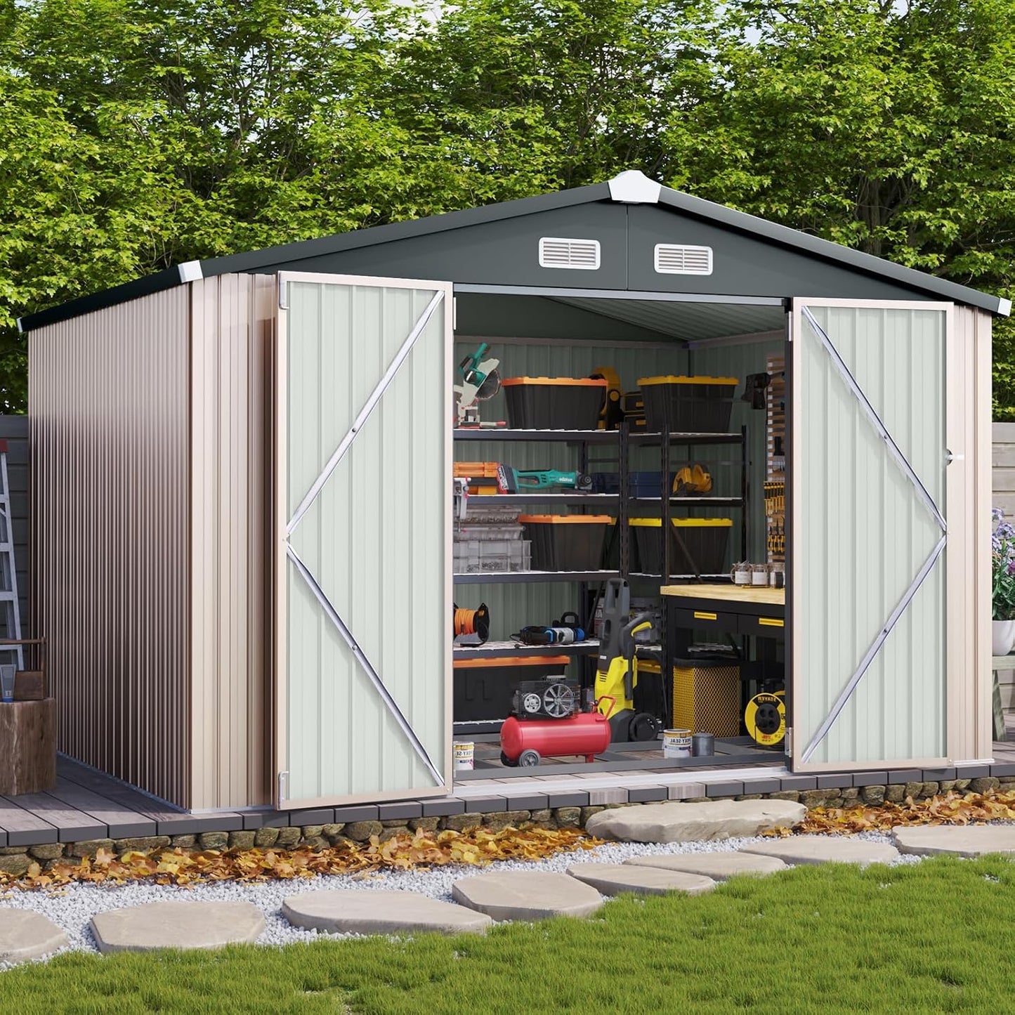 Aoxun 10 x 12 Ft. Outdoor Storage Shed With Double Hinged Large Door Utility Garden Shed