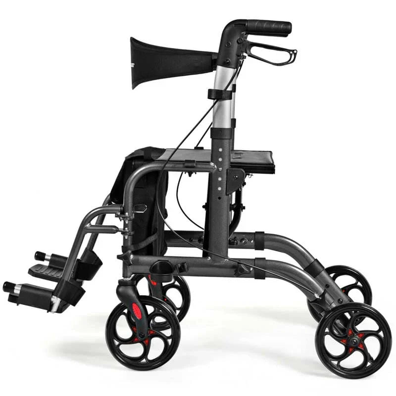 2-in-1 Rollator Walker Wheelchair Folding Medical Walker Aluminum Transport Chair Mobility Walking Aid- Comfortable And Ergonomic Design