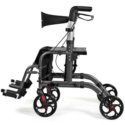 2-in-1 Rollator Walker Wheelchair Folding Medical Walker Aluminum Transport Chair Mobility Walking Aid- Comfortable And Ergonomic Design