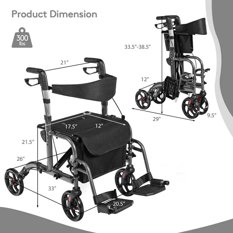 2-in-1 Rollator Walker Wheelchair Folding Medical Walker Aluminum Transport Chair Mobility Walking Aid- Comfortable And Ergonomic Design