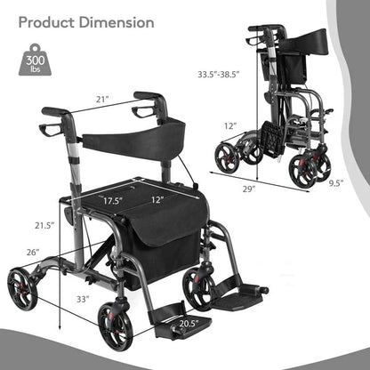 2-in-1 Rollator Walker Wheelchair Folding Medical Walker Aluminum Transport Chair Mobility Walking Aid- Comfortable And Ergonomic Design